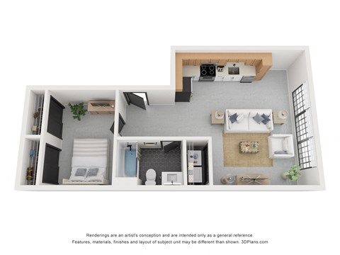 Floor plan for 1 bed, 1 bath, 574 sqft